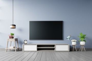 TV on the cabinet in modern living room on dark wall background,3d rendering