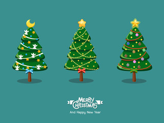Christmas trees cartoon collection. Merry Christmas and happy new year for decorative element on holiday. Vector Illustration.