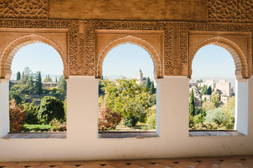 Moorish window inside of Generalife in the Alhambra, Granada.