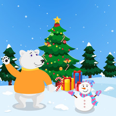 Polar Bear Wearing Sweater and Snowman Wearing Scraft, Glove, and Hat
