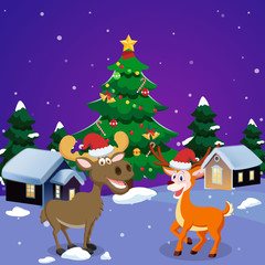 Moose and Raindeer Wearing Santa Hat