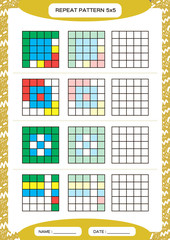 Repeat colorful pattern. Cube grid with squares. Special for preschool kids. Worksheet for practicing fine motor skills. Improving skills tasks. A4. Snap game. 5x5.