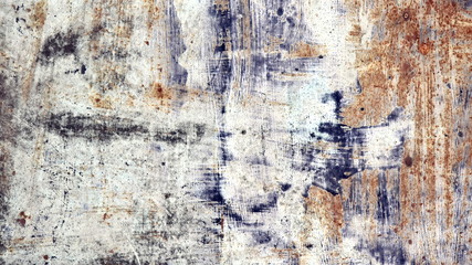 Eroded metal texture. Rusty Colored Metal with cracked paint, grunge blue, white, brown background