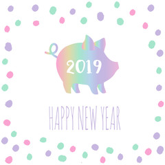 Vector illustration of Pig and text. Cute piggy silhouette, Zodiac symbol of 2019 New year. Cute cartoon pig useful for invitations, scrapbook, Christmas card, poster, sticker, clip art.