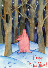 watercolor postcard happy new year. Pig sitting in the snow in winter, winter forest at night