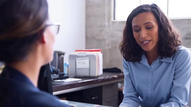 Young mixed race businesswoman talking to a female client