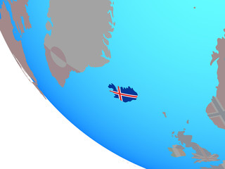 Iceland with national flag on simple globe.