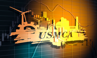 Forex candlestick pattern. USMCA - United States Mexico Canada Agreement. concept. Financial market chart. 3D rendering