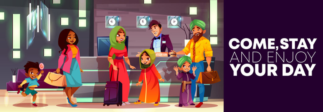 Vector Cartoon Background Of Hotel Reception, Flyer Or Ad Poster, Banner With Arab Family, Indian People At Hall. Manager, Receptionist Behind The Desk And Tourists At Lobby, Foyer. Interior Of Inn.