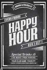 Vintage chalk drawing for a happy hour at the bar. Lettering with banner on the grunge background. Black and white pattern EPS 10 - obrazy, fototapety, plakaty