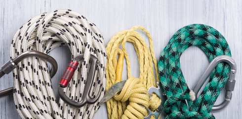 set of ropes for rock climber, closeup background