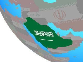 Saudi Arabia with national flag on simple globe.