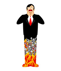 Sinner looked up to God. Feet are flames of hell. Foot  on fire.