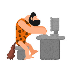 Caveman and computer. Prehistoric man and PC. ancient laptop.