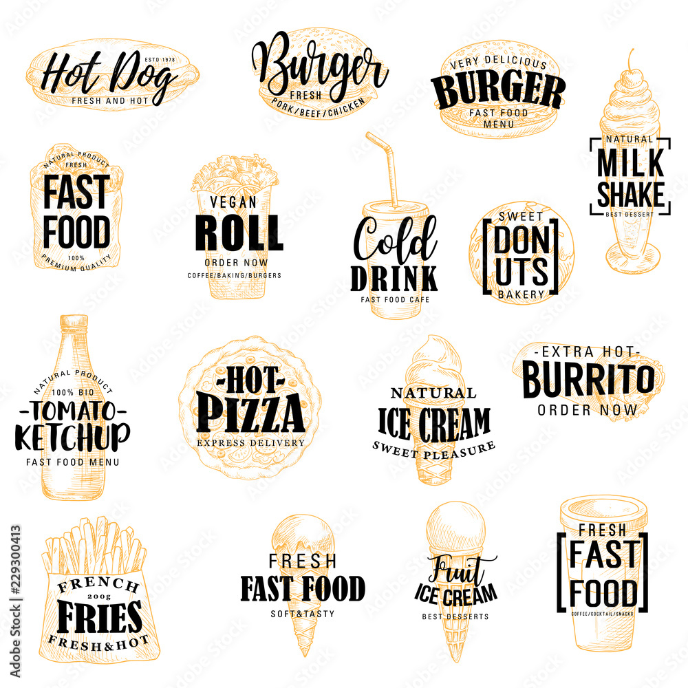 Wall mural fast food icons with lettering