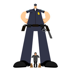 Big Cop and Robber Detention. Serious Policeman and burglar arrest. Strong Officer Police and mugger and money bag. Vector illustration