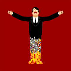 Sinner looked up to God. Feet are flames of hell. Foot  on fire.