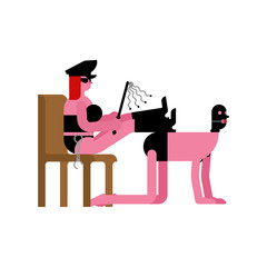 Mistress and Slave BDSM. Latex mask and whip. Madame Sexual Dominance. Sadism and masochism sex life. Vector illustration