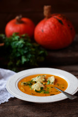 pumpkin soup with dumplings.style rustic