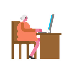 Grandmother Works on computer. Old lady and PC. Pensioner and Laptop. Vector illustration