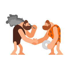 Caveman handshake Businessman deal. Prehistoric man Handshake. Stone age Business