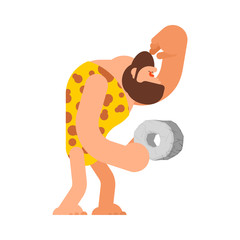 Caveman and Stone wheel. Prehistoric man and thinks.