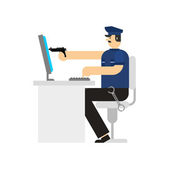 Policeman and pc and gun. Virtual Cop and weapon. Internet security. Officer Police and Computer. Vector illustration