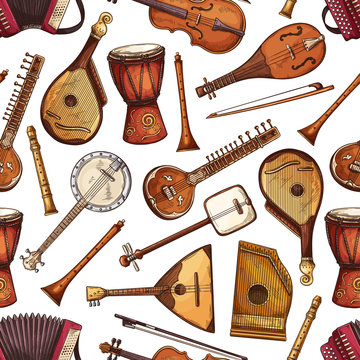 Folk musical instruments seamless pattern