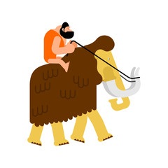 Caveman on mammoth. Prehistoric man saddled animal transport. Stone age