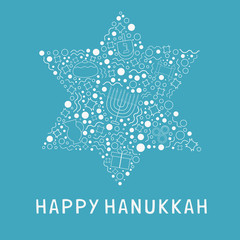 Hanukkah holiday flat design white thin line icons set in star of david shape with text in english
