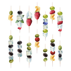 Watercolor canapes made of cheese, olives, cherry tomatoes, grapes and strawberries