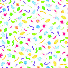 Bacterial microorganisms, germs and viruses colorful seamless pattern. Viruses, infections colorful, micro-organisms disease objects, cell cancer vector flat style design vector illustration on white.