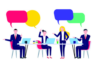 Teamwork of colleagues in the meeting room office with laptops, coffee and chairs happy men and woman talking and working vector characters flat style vector illustration. Teamwork concept in business