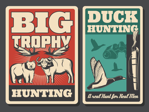 Hunting retro posters, wild animal and bird