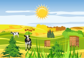 Fototapeta premium Countryside, cows, farmland, hives, green meadow and hills, agriculture theme, cow and village house