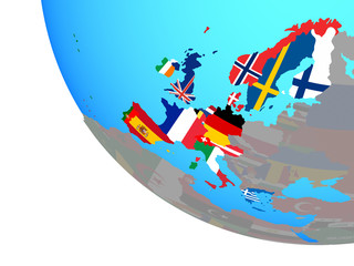 Western Europe with national flags on simple globe.