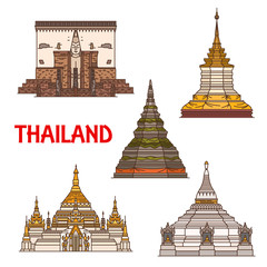 Naklejka premium Thai travel landmark icons, vector buddhist temple