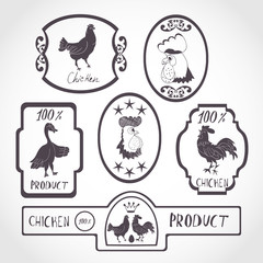 A set of labels, stamps, stickers. Black and white image on white background. Chicken