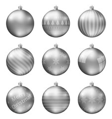 Silver christmas balls isolated on white background. Photorealistic high quality vector set of christmas baubles. Different pattern.