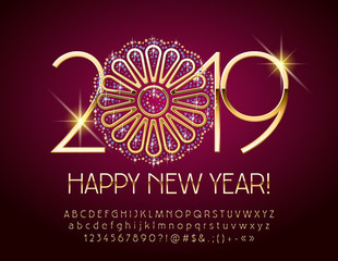 Vector stylish Greeting card Happy New Year 2019 with chic Snowflake. Set Golden of Alphabet Letters, Numbers and Symbols.