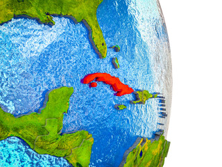 Cuba on 3D model of Earth with divided countries and blue oceans.