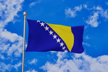 Bosnia and Herzegovina national flag waving isolated in the blue cloudy sky 3d illustration