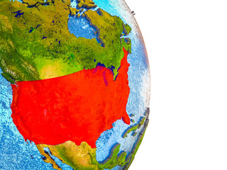USA on 3D model of Earth with divided countries and blue oceans.