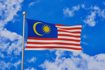 Malaysia national flag waving isolated in the blue cloudy sky 3d illustration