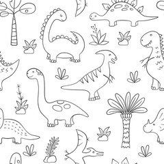 Dinosaurs and prehistoric plants. Vector seamless pattern in doodle and cartoon style. Hand drawn.