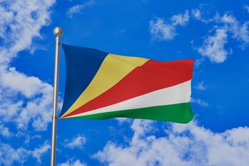 Seychelles national flag waving isolated in the blue cloudy sky 3d illustration