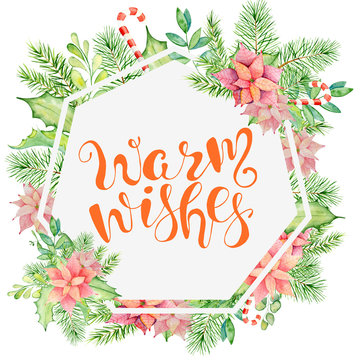 Merry Christmas watercolor card with floral winter elements. Warm wishes lettering quote