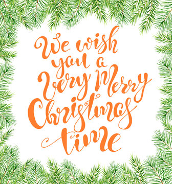 Merry Christmas watercolor card with floral winter elements. Hand drawn  lettering quote