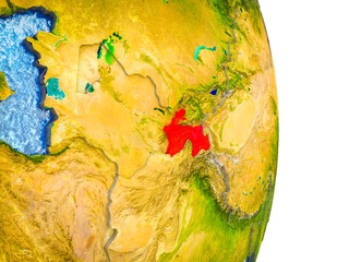 Tajikistan on 3D model of Earth with divided countries and blue oceans.