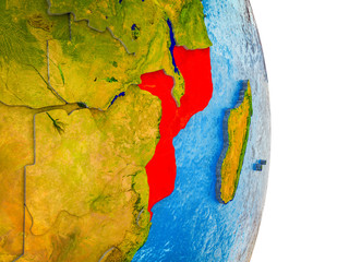 Mozambique on 3D model of Earth with divided countries and blue oceans.